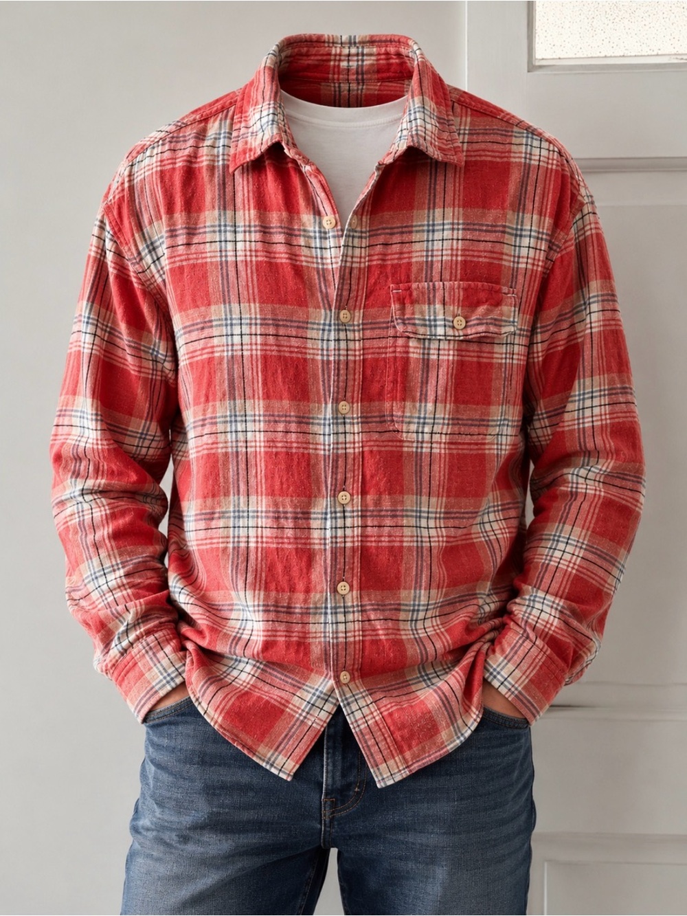 American Eagle Outfitters Coral Red Plaid Button-Down Shirt